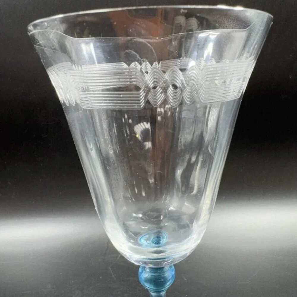Antique Tiffin Franciscan Tall Blue Stem 2‎ Glasses Etched Manganese 365nm UV